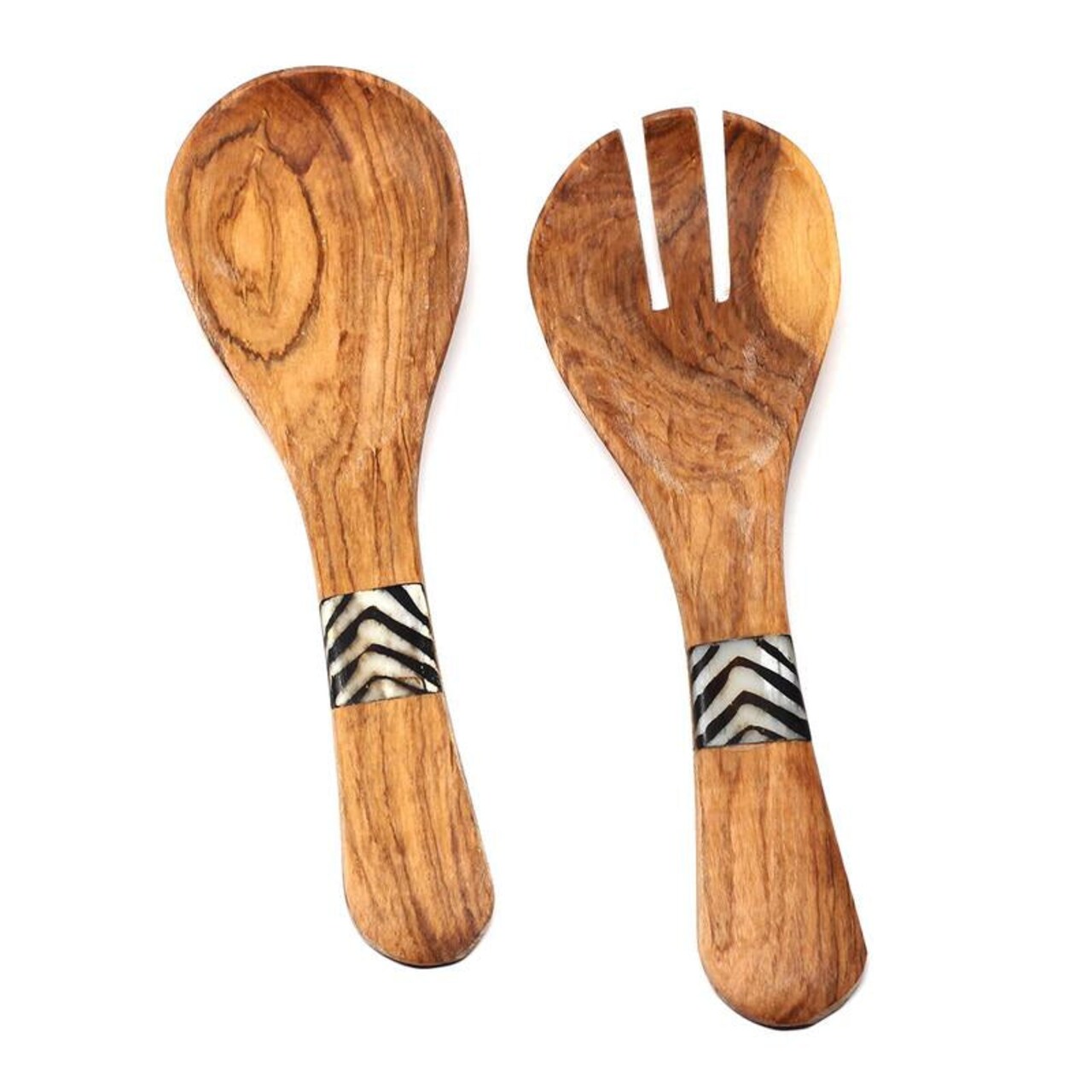 Natural Wood Salad Servers Set of 2 with Hand-Carved Olive Wood and Batik Bone Inlay